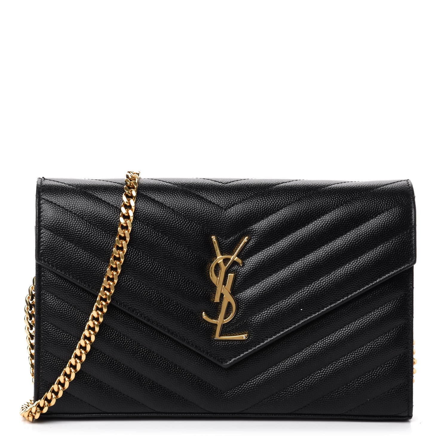 Saint Laurent Grain De Poudre Matelasse Chevron Monogram Chain Wallet Black 1 of 10