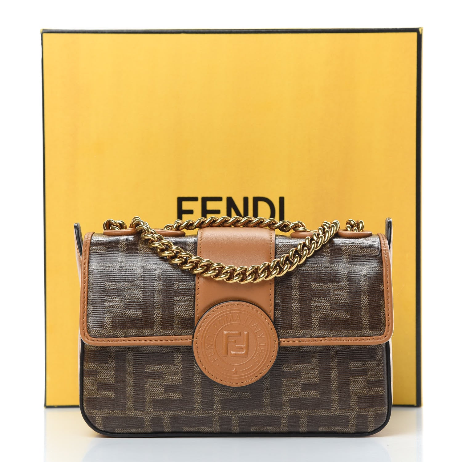 Fendi Glazed Fabric Vitello Century FF 1974 Stamp Patch Mini Double F Crossbody Bag Mogano Panna Caramello 12 of 12