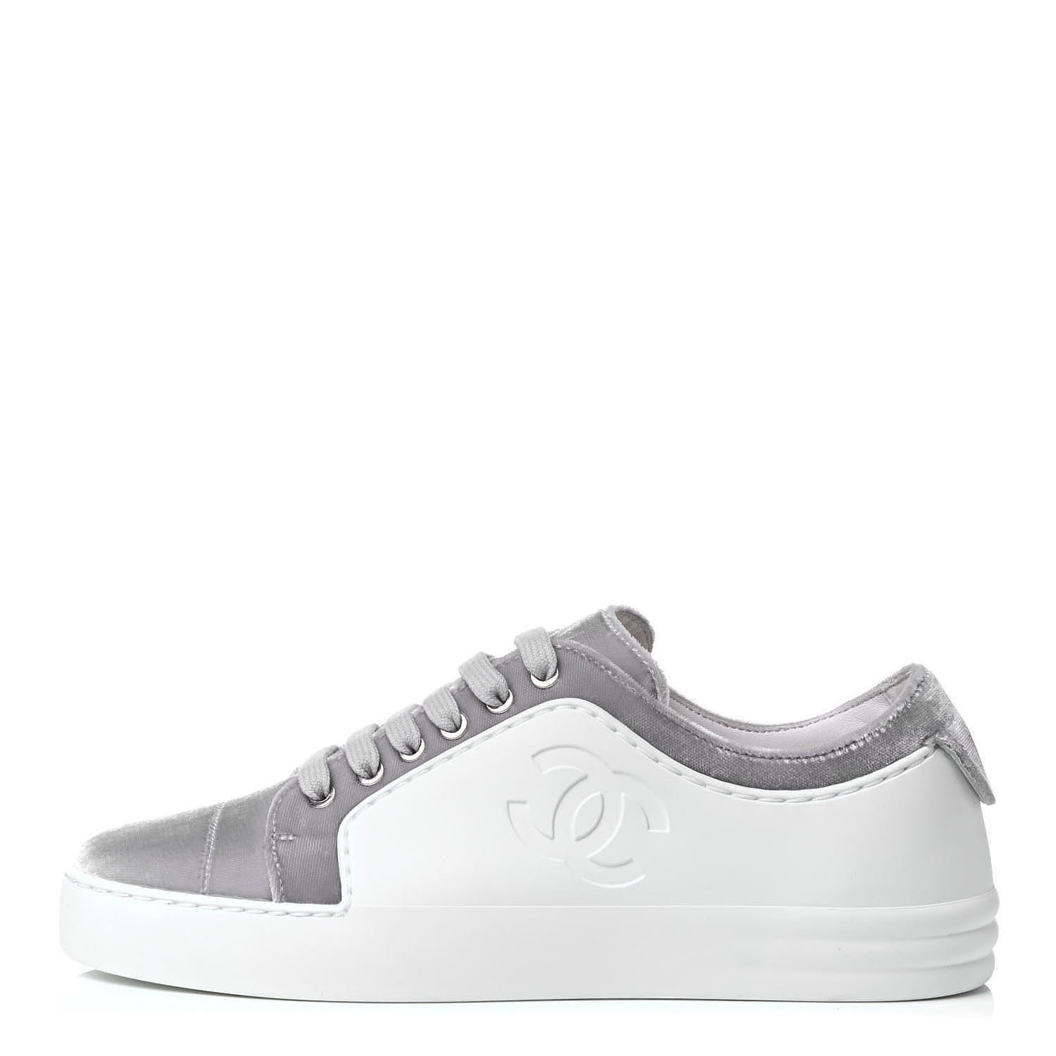 Chanel Calfskin Velvet Womens CC Sneakers 36.5 White Silver 1 of 8