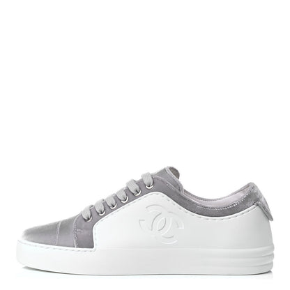 Chanel Calfskin Velvet Womens CC Sneakers 36.5 White Silver 1 of 8