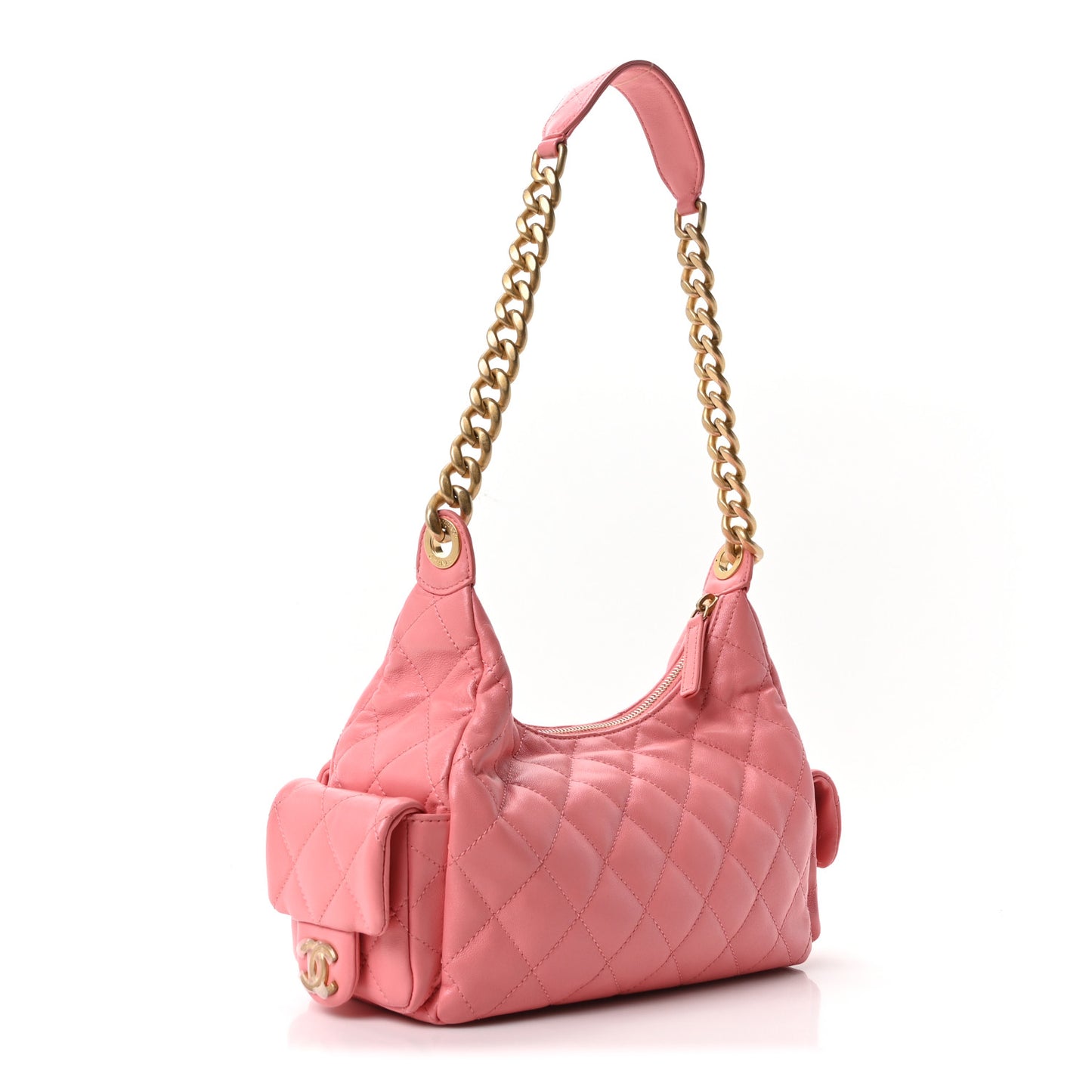 Shiny Lambskin Quilted Trendy Pockets Hobo Coral Pink