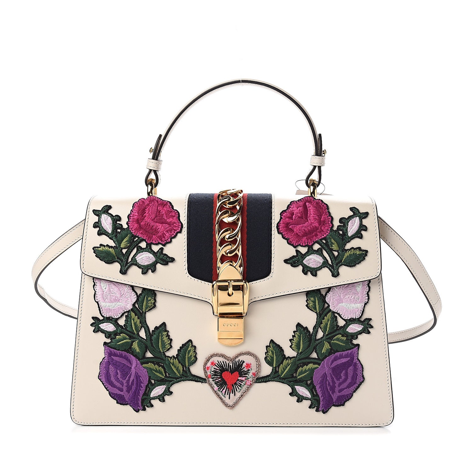 Calfskin Embroidered Medium Sylvie Top Handle Bag White