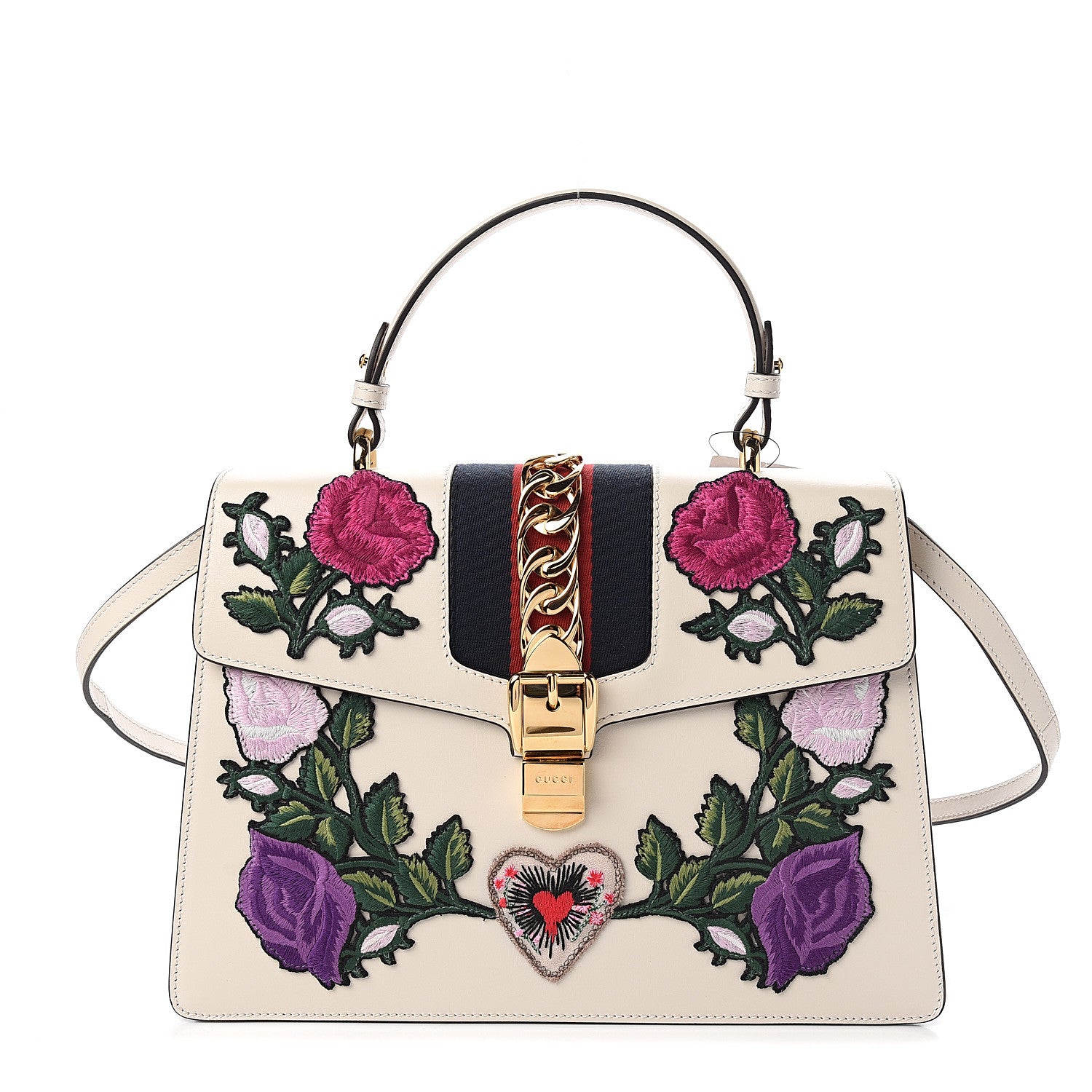Gucci Calfskin Embroidered Medium Sylvie Top Handle Bag White 1 of 9