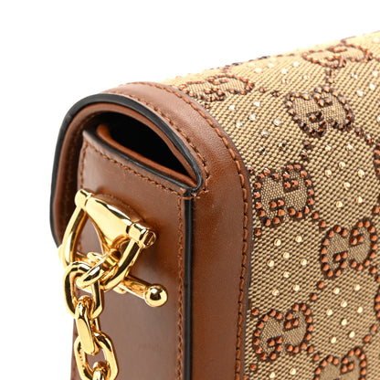 Gucci New Canvas Charisma Calfskin Crystal GG Monogram Mini Horsebit 1955 Shoulder Bag Camel Ebony 12 of 14