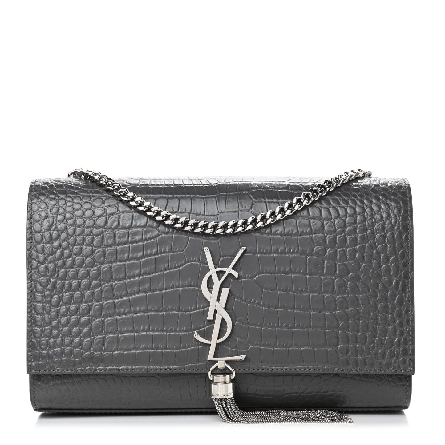 Calfskin Crocodile Embossed Medium Classic Monogram Kate Tassel Satchel Fog
