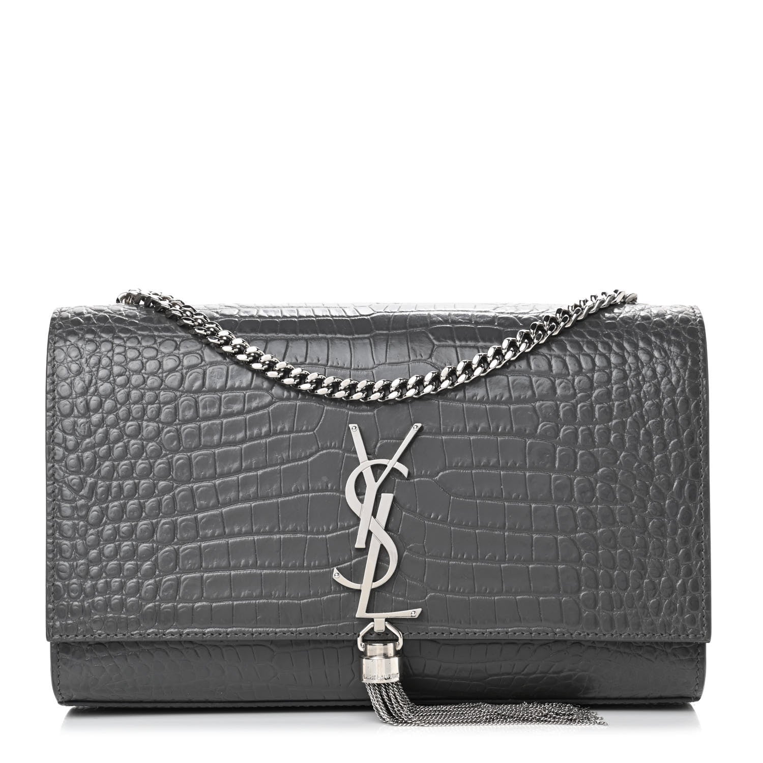 Saint Laurent Calfskin Crocodile Embossed Medium Classic Monogram Kate Tassel Satchel Fog 1 of 4