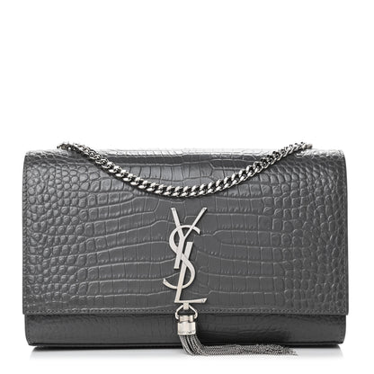 Saint Laurent Calfskin Crocodile Embossed Medium Classic Monogram Kate Tassel Satchel Fog 1 of 4