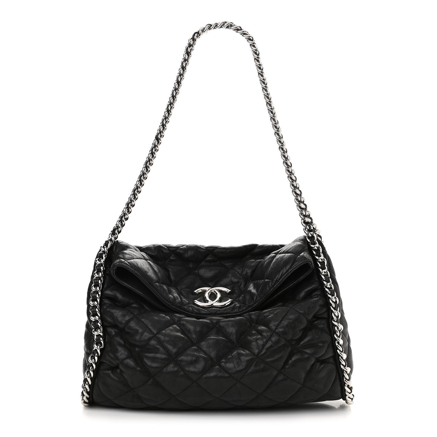 Washed Lambskin Chain Around Hobo Black