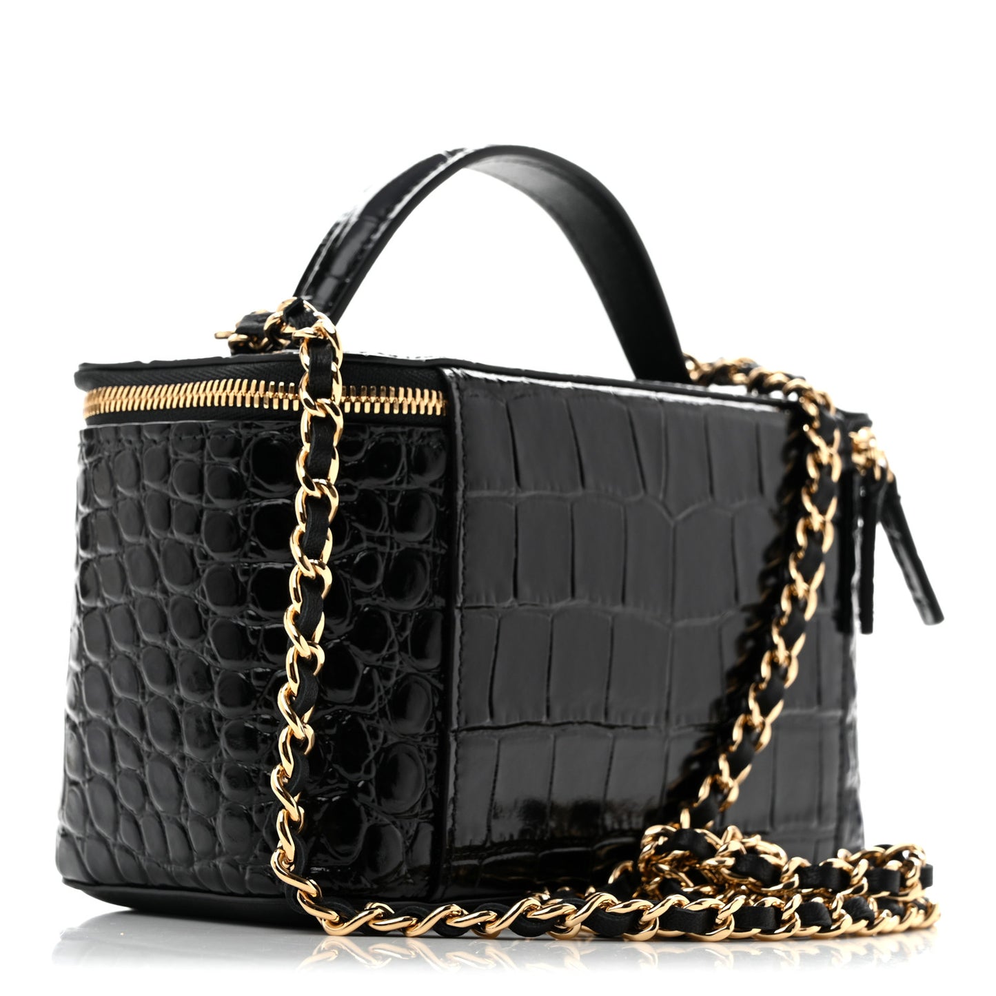 Calfskin Crocodile Embossed Exoticoco Small Top Handle Vanity Case With Chain Black