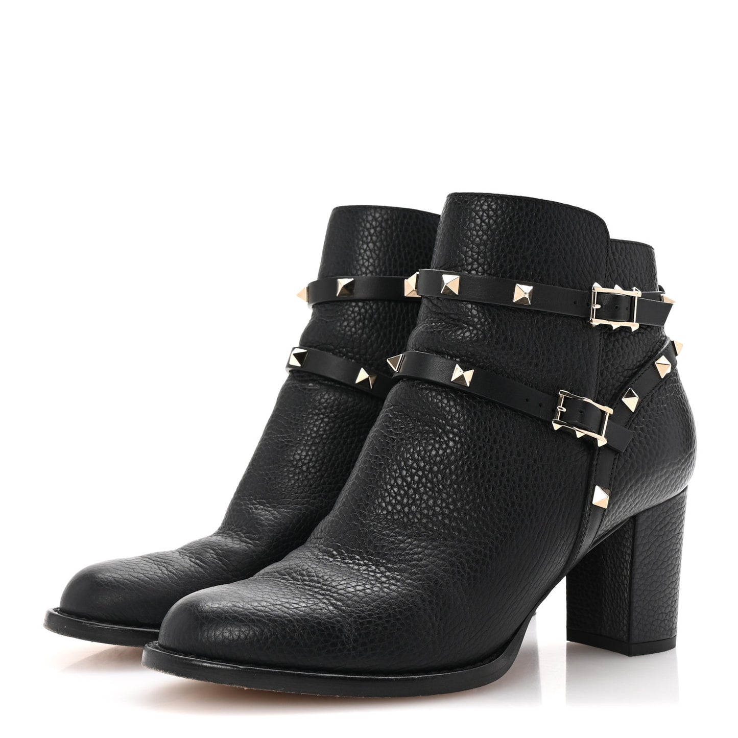 Pebbled Calfskin Rockstud Double Buckle 70mm Block Heel Ankle Boots 39.5 Black