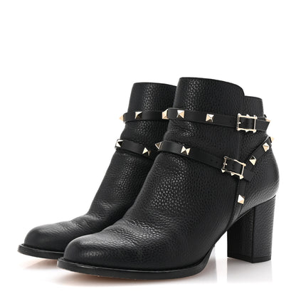Valentino Garavani Pebbled Calfskin Rockstud Double Buckle 70mm Block Heel Ankle Boots 39.5 Black 4 of 9