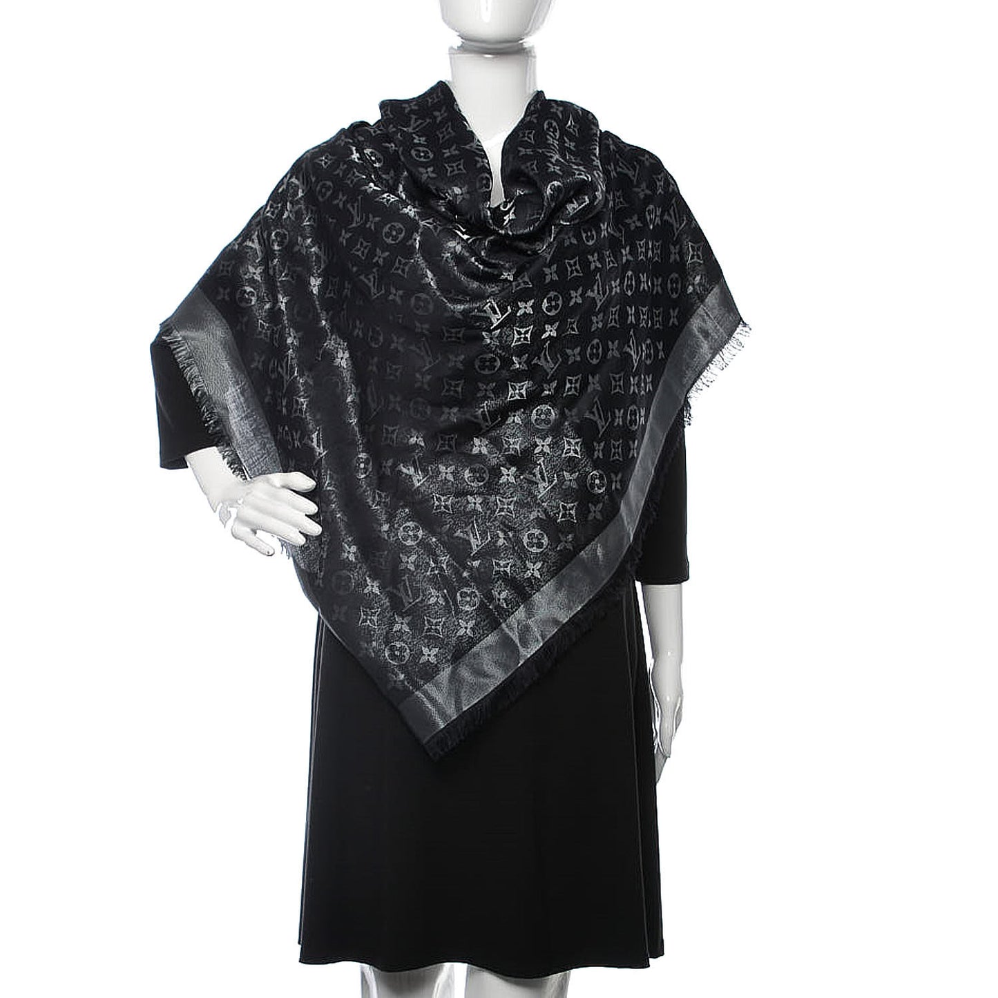 Silk Wool Monogram Shine Shawl Black