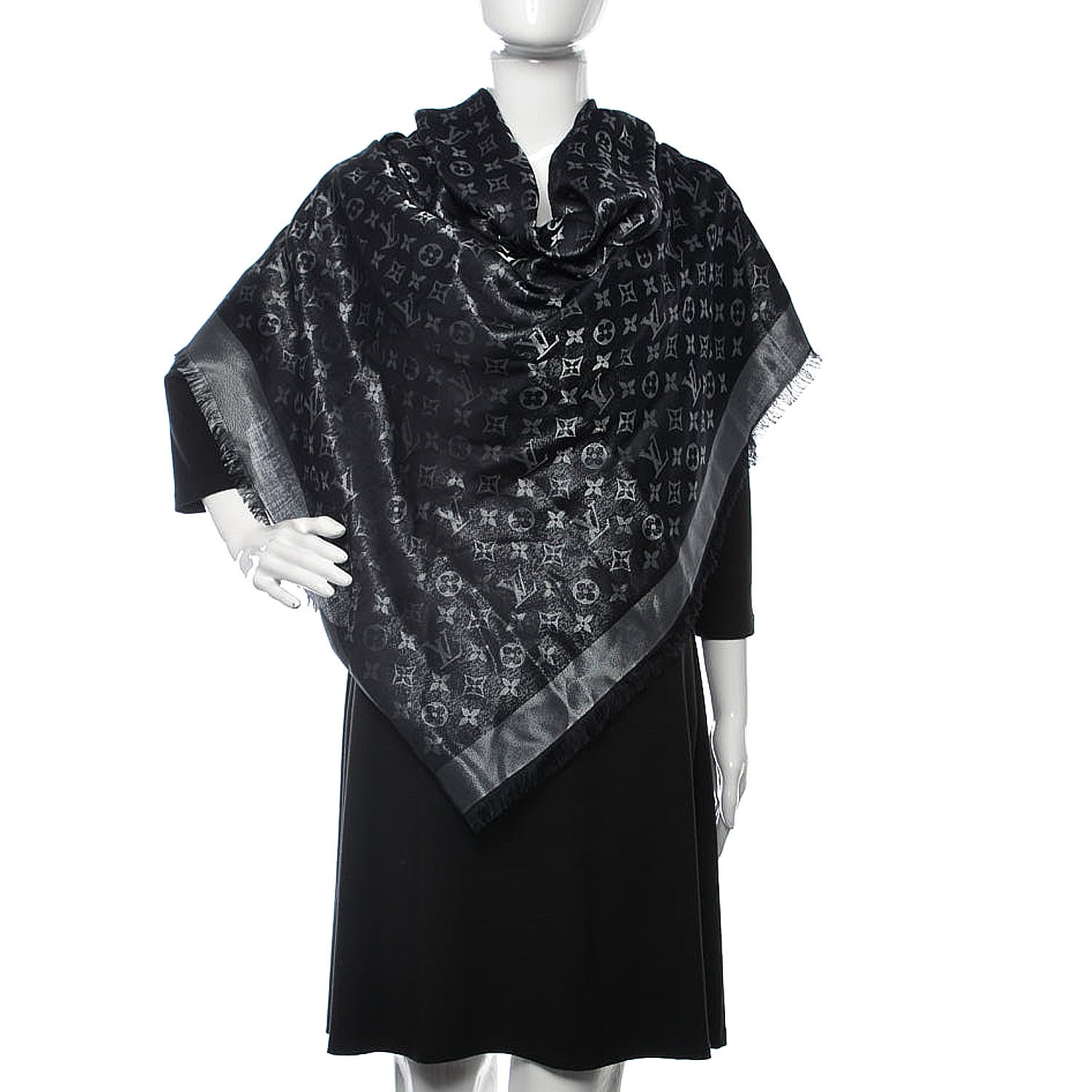 Louis Vuitton Silk Wool Monogram Shine Shawl Black 2 of 4