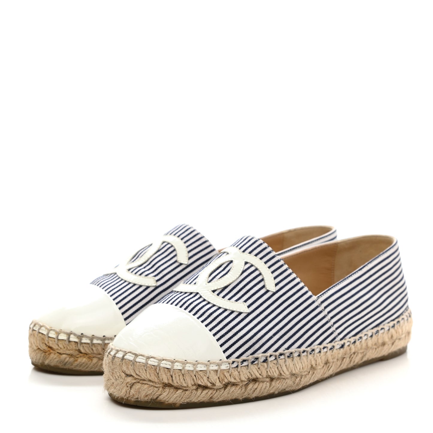 Canvas Striped Patent CC Espadrilles 37 Ivory Navy White