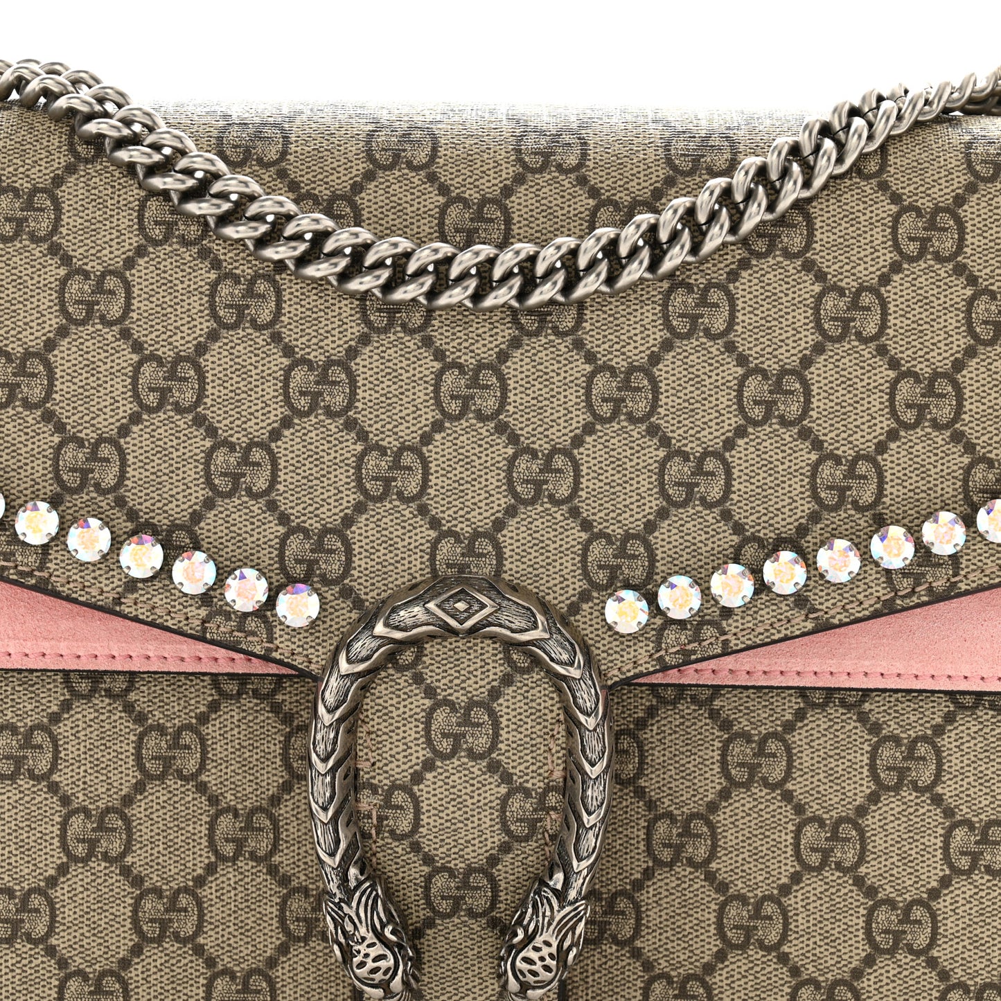 GG Supreme Monogram Suede Crystal Medium Dionysus Shoulder Bag Beige Ebony Light Peonia