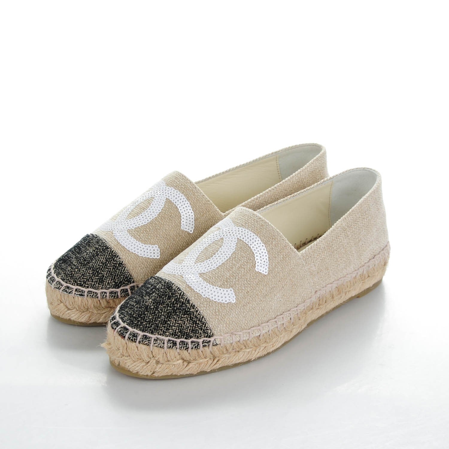 Chanel Toile Sequin CC Espadrilles 35 Beige Black 3 of 8