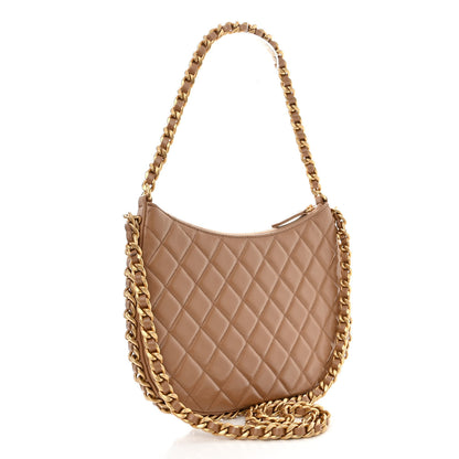 Chanel Shiny Crumpled Lambskin Quilted Large Trendy Chain Around Hobo Dark Beige 3 of 11