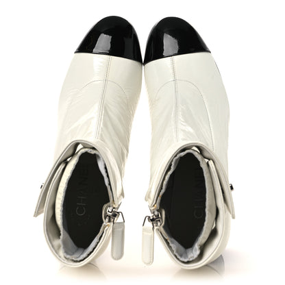 Chanel Crumpled Patent Calfskin Cap Toe CC Turnlock Ankle Short Boots 37.5 Ivory Black 2 of 15