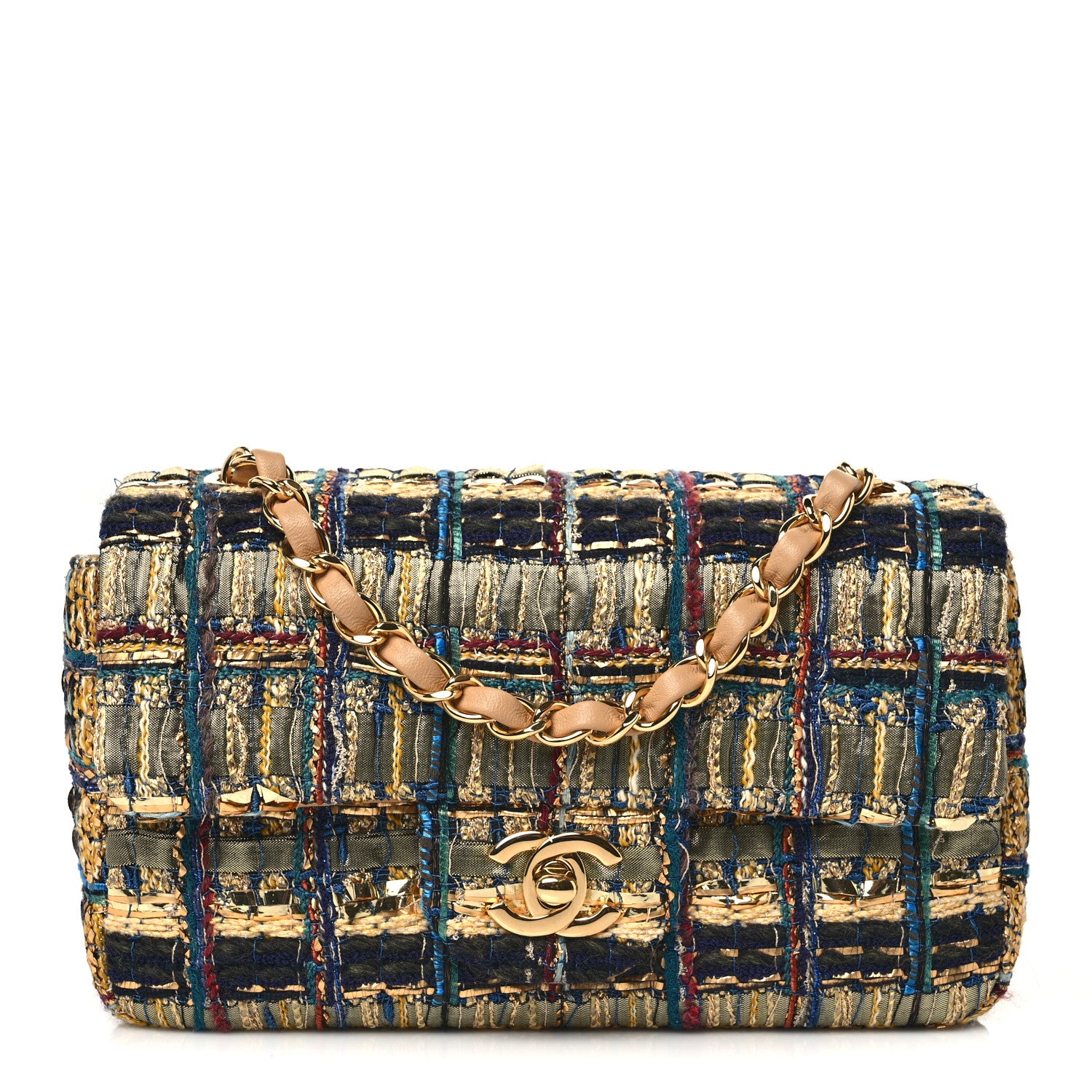 Chanel Tweed Quilted Egyptian Mini Rectangular Flap Green Black 1 of 9
