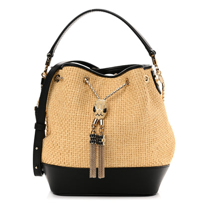 Bulgari Woven Raffia Calfskin Serpenti Forever Bucket Bag Natural Black 1 of 8