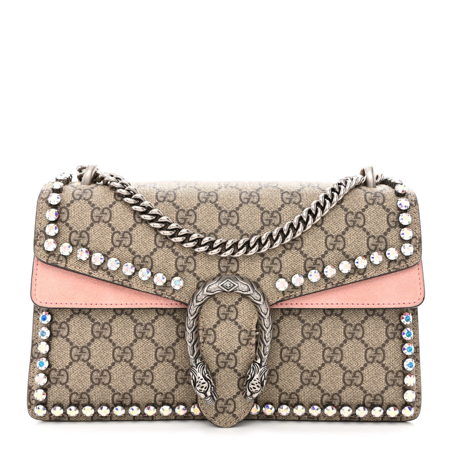 GG Supreme Monogram Suede Crystal Small Dionysus Shoulder Bag Beige Ebony Light Peonia