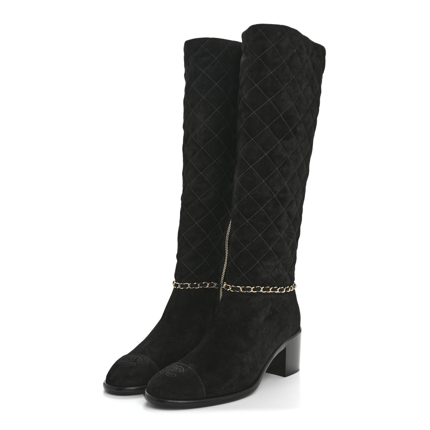 Chanel Suede Calfskin Quilted Chain Knee High Boots 39 Black 3 of 9