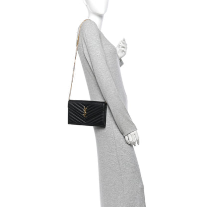 Saint Laurent Grain De Poudre Matelasse Chevron Monogram Envelope Chain Wallet Black 2 of 12