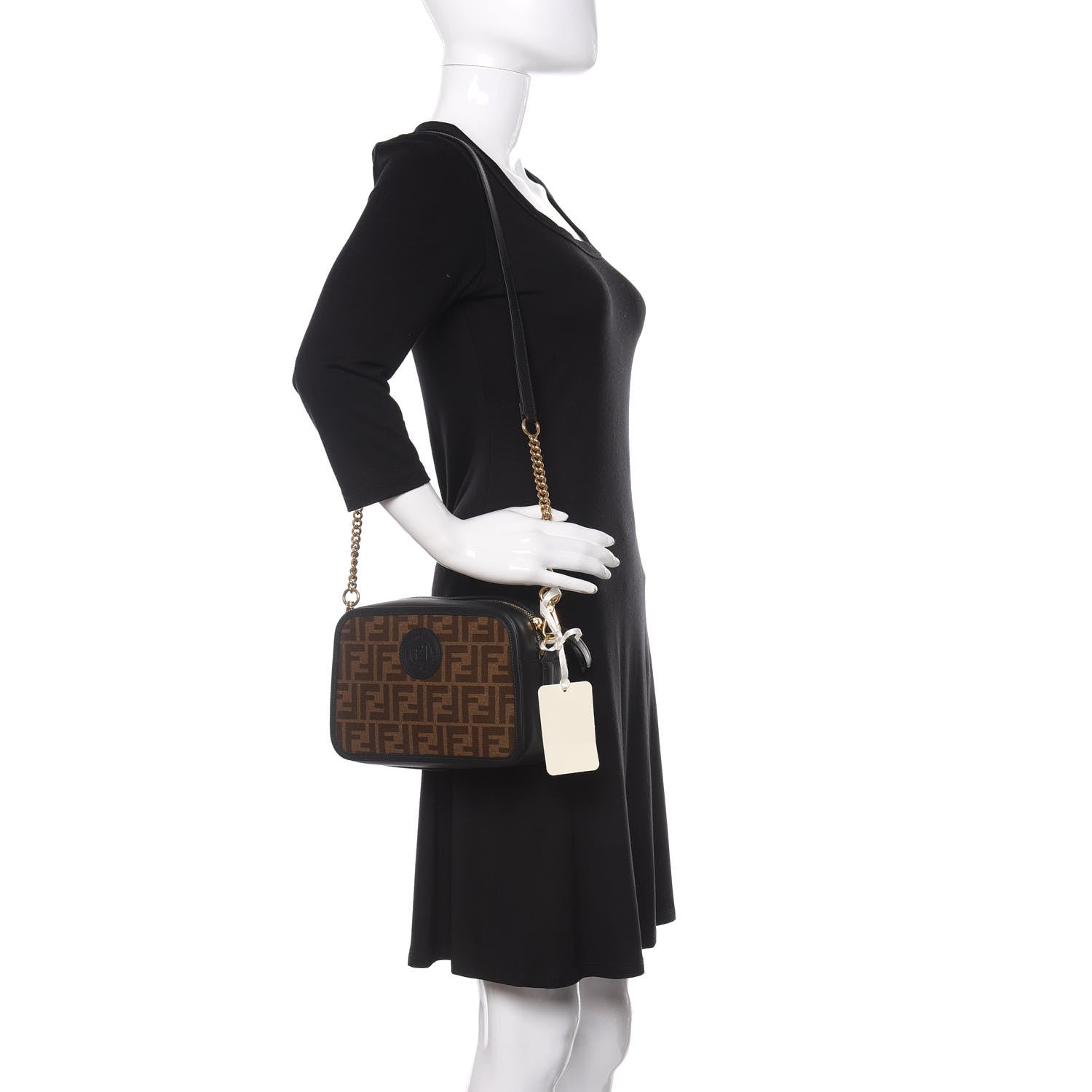 Fendi Glazed Fabric Vitello Century FF 1974 Stamp Patch Camera Case Mogano Panna Black 2 of 9
