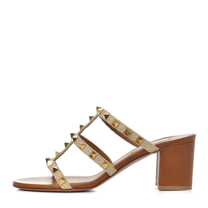Valentino Garavani Raffia Calfskin Rockstud 60mm Caged Slide Sandals 37 Naturale 1 of 9