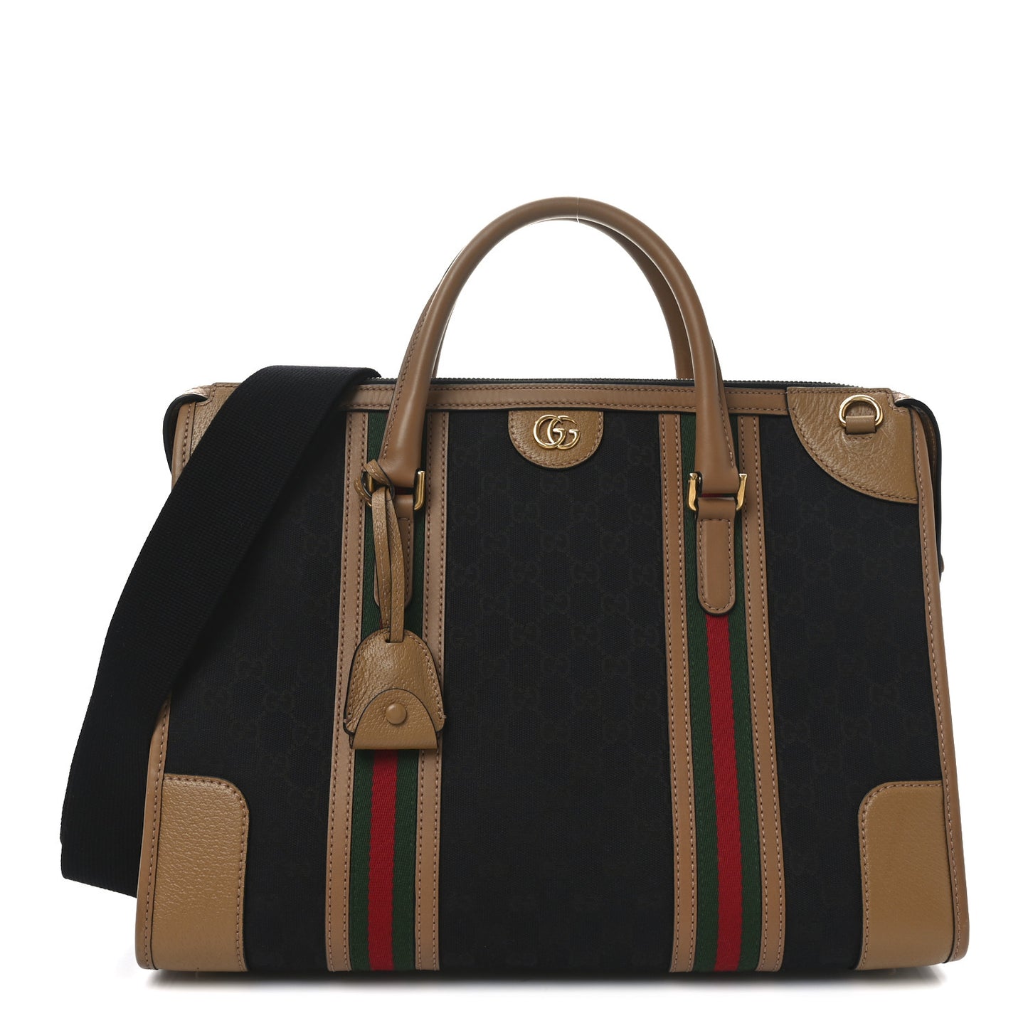 Monogram Textured Dollar Calfskin Web Large Bauletto Duffle Top Handle Bag Black Koi Beige