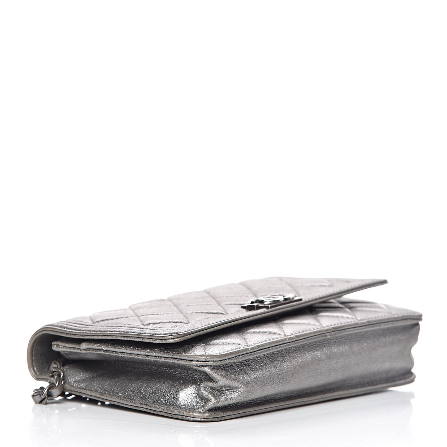 Metallic Calfskin Quilted Boy Wallet On Chain WOC Silver
