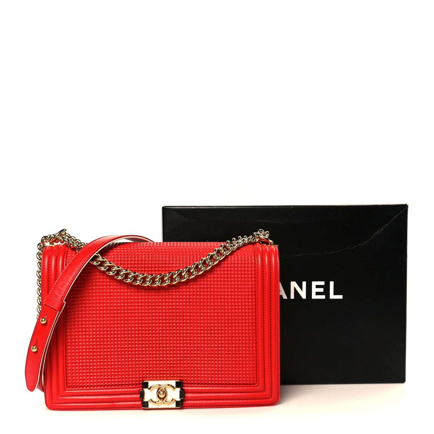 Lambskin Embossed New Medium Boy Cube Flap Red