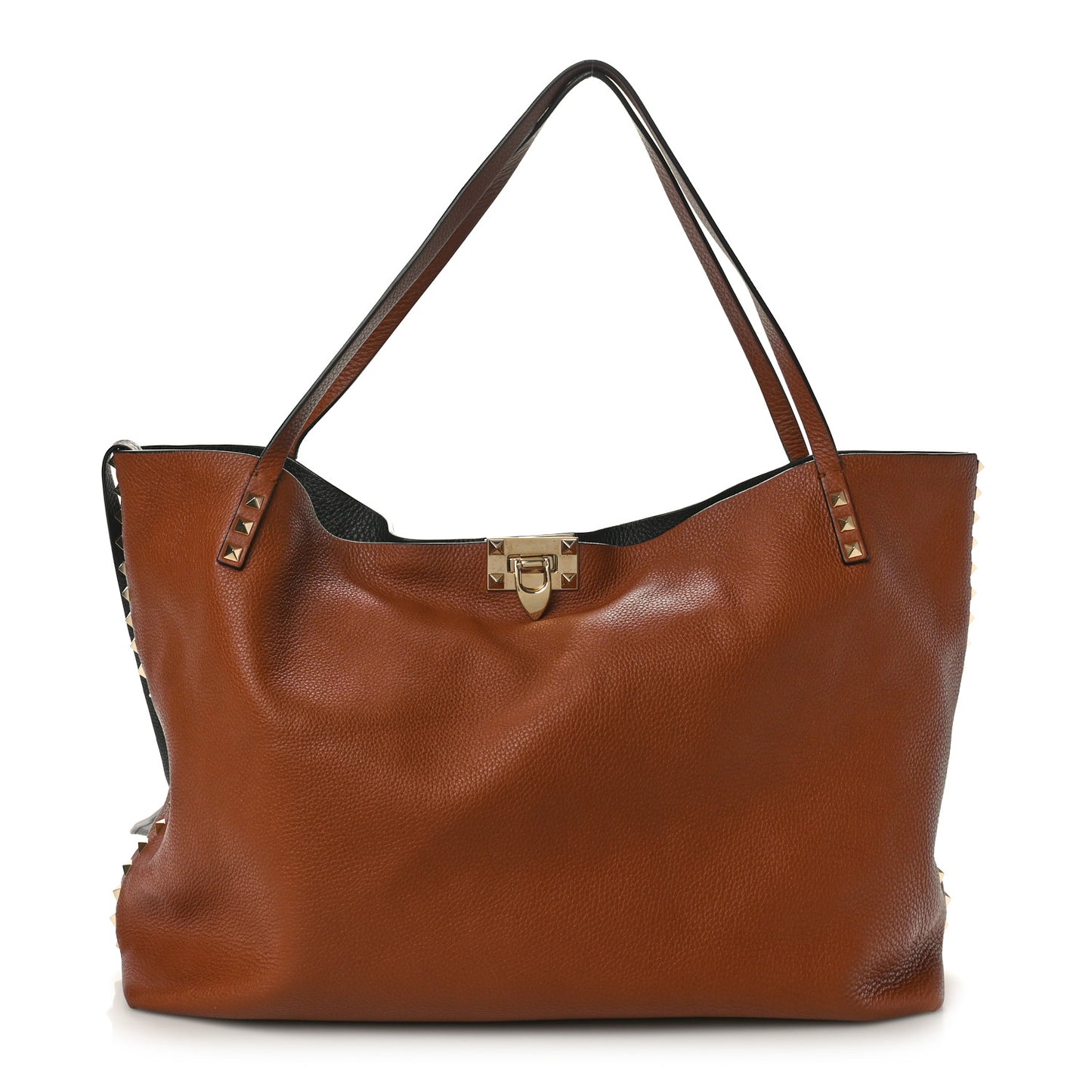 Grained Calfskin Large Rockstud Flip Lock Tote Camel Black