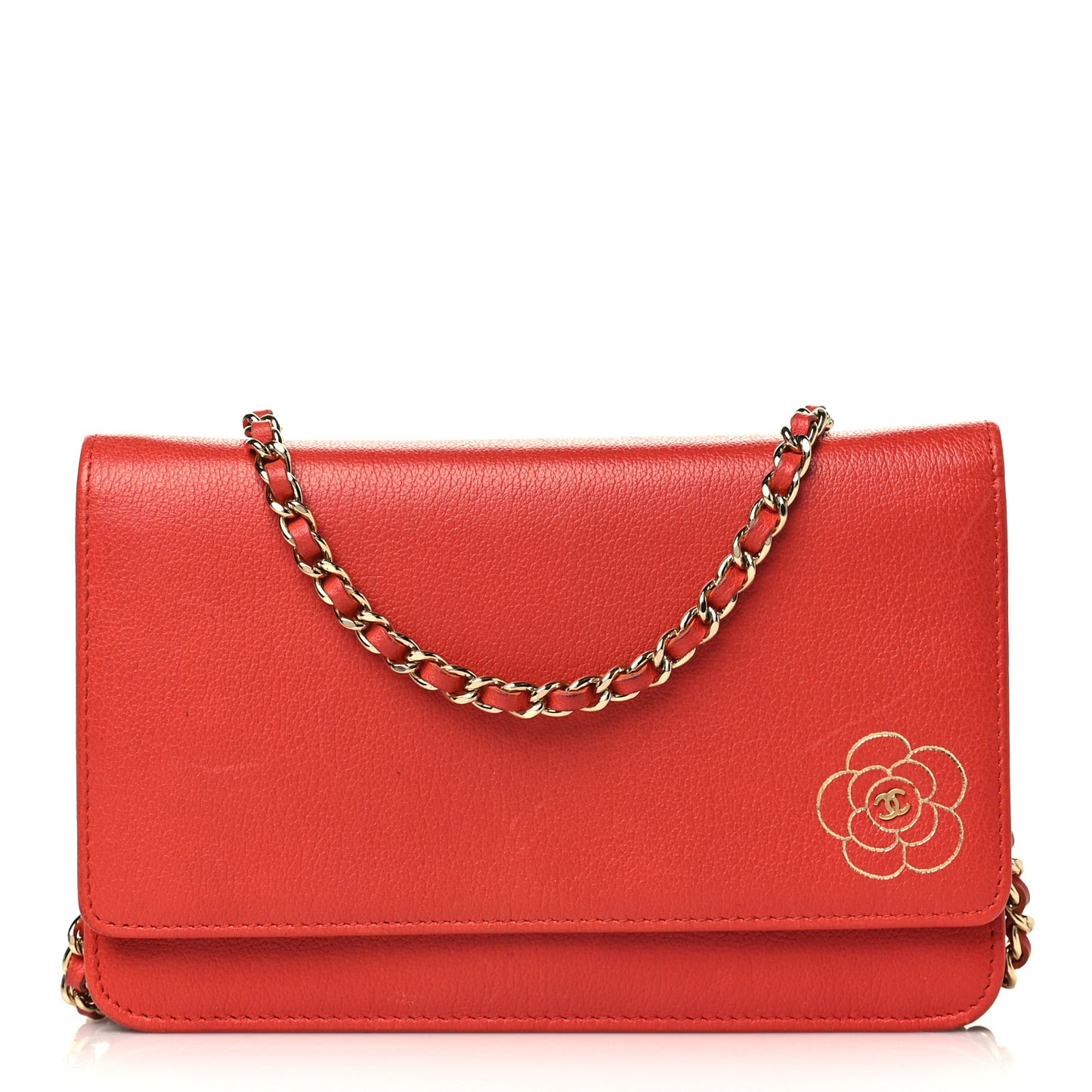 Goatskin Camellia CC Wallet On Chain WOC Orange