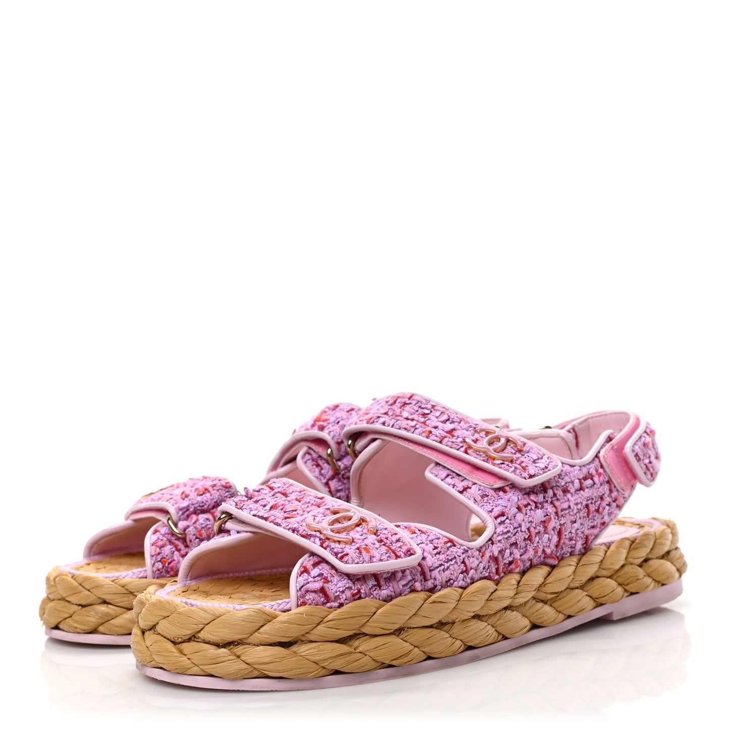 Tweed Patent Calfskin Velcro Dad Sandals 37 Light Purple Pink Red