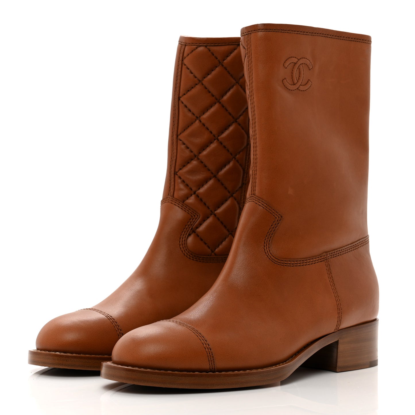 Calfskin CC Logo Mid Calf Boots 38.5 Caramel