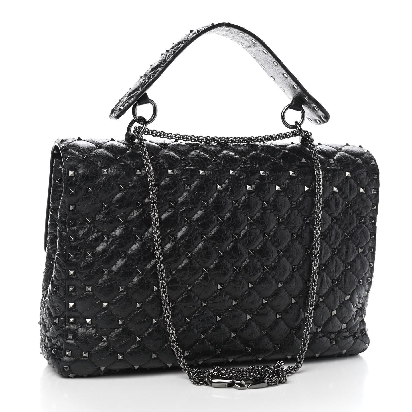 Craquele Nappa Large Rockstud Spike Shoulder Bag Black