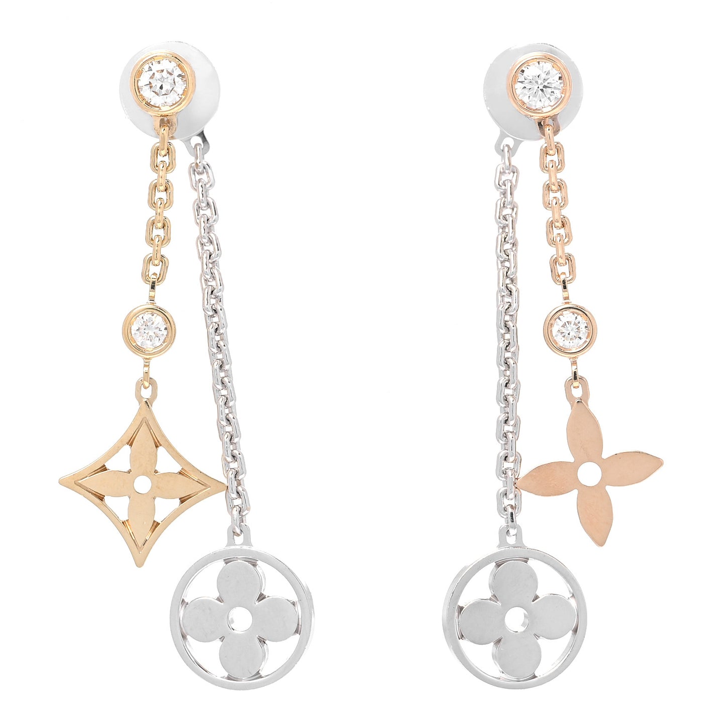 18K Yellow White Pink Gold Diamond Blossom Long Drop Earrings