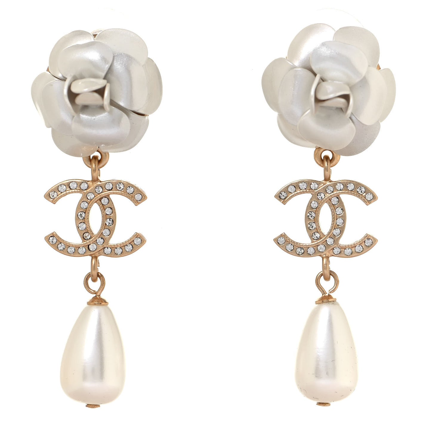 Metal Crystal Pearl 90s Camellia CC Drop Earrings Gold