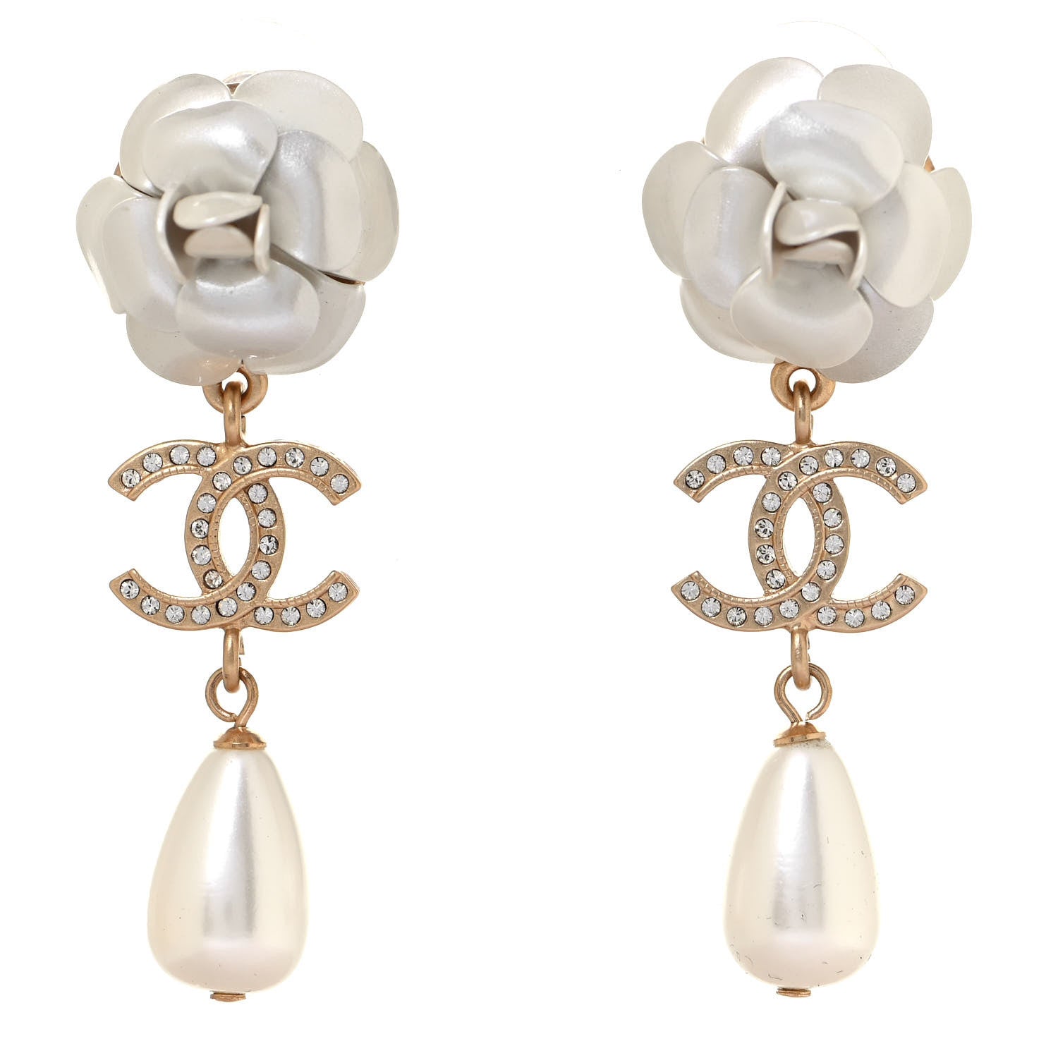 Chanel Metal Crystal Pearl 90s Camellia CC Drop Earrings Gold 1 of 4