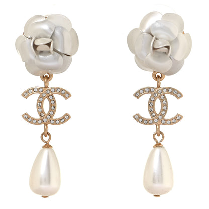 Chanel Metal Crystal Pearl 90s Camellia CC Drop Earrings Gold 1 of 4