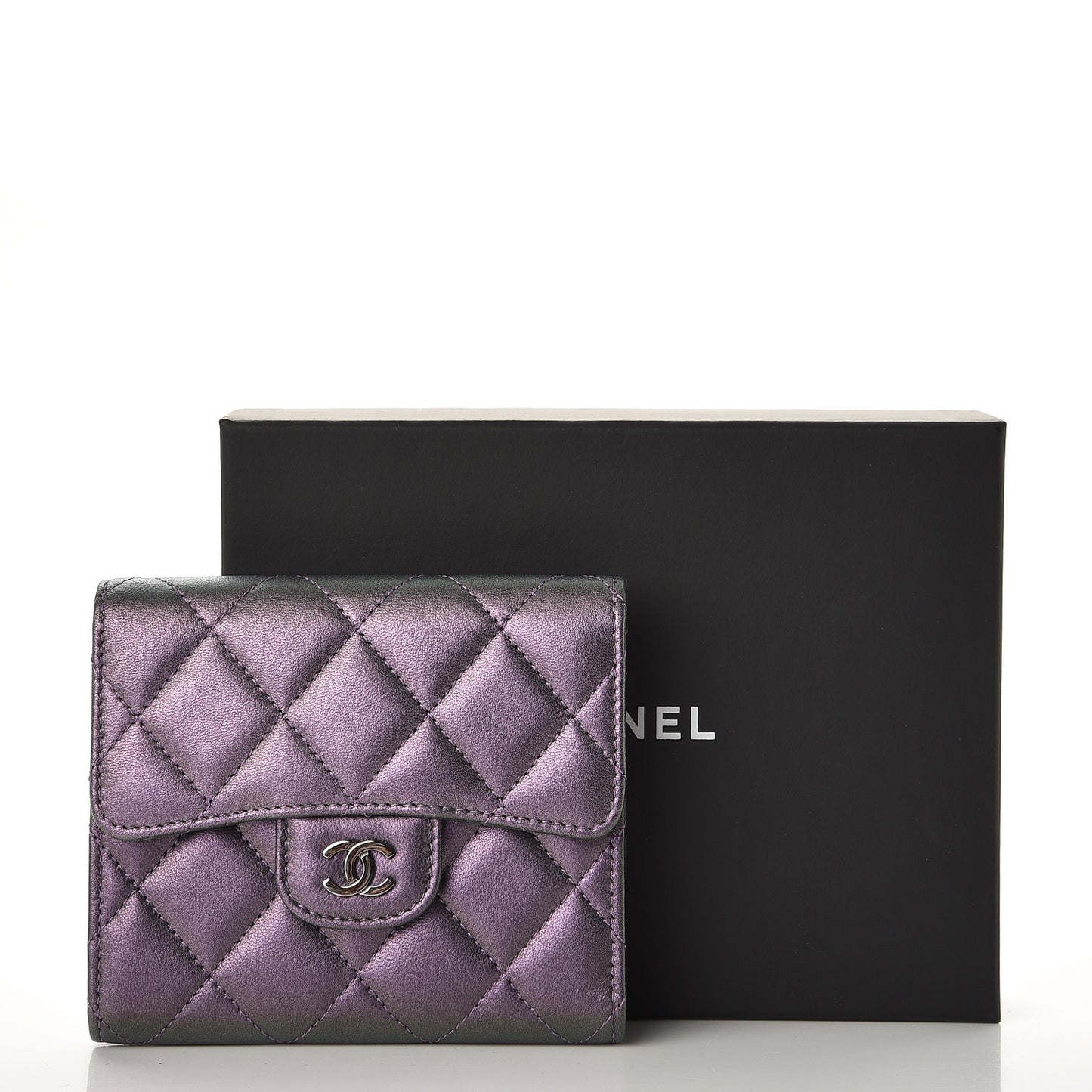 Metallic Lambskin Quilted Compact Flap Wallet Purple