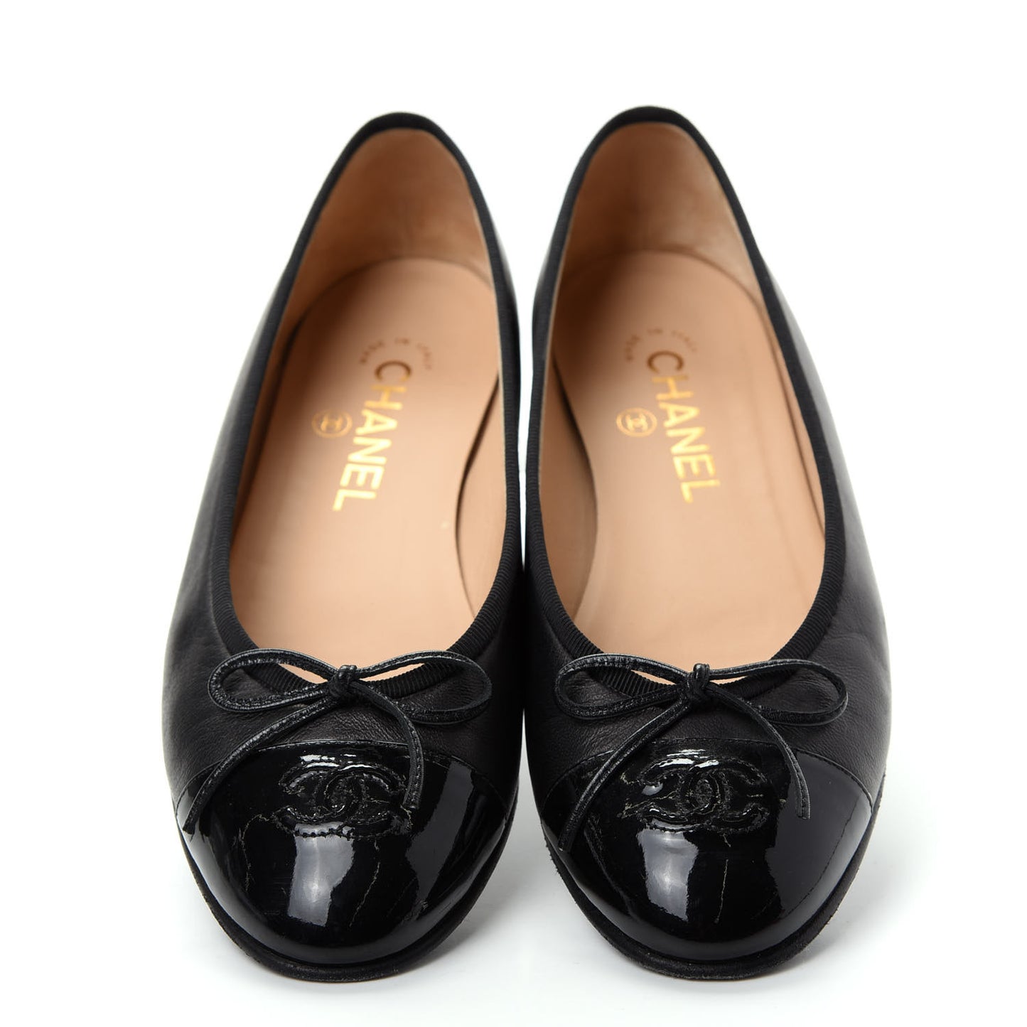 Lambskin Patent Cap Toe Ballerina Flats 38 Black
