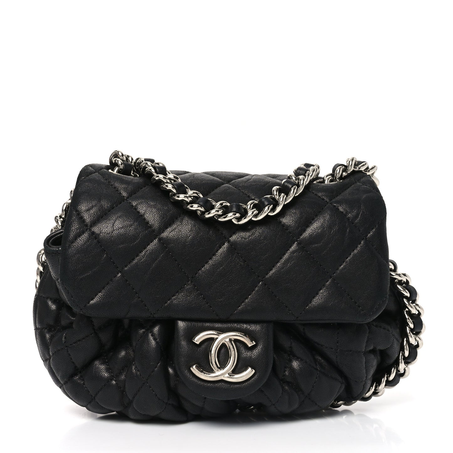 Washed Lambskin Quilted Mini Chain Around Flap Black