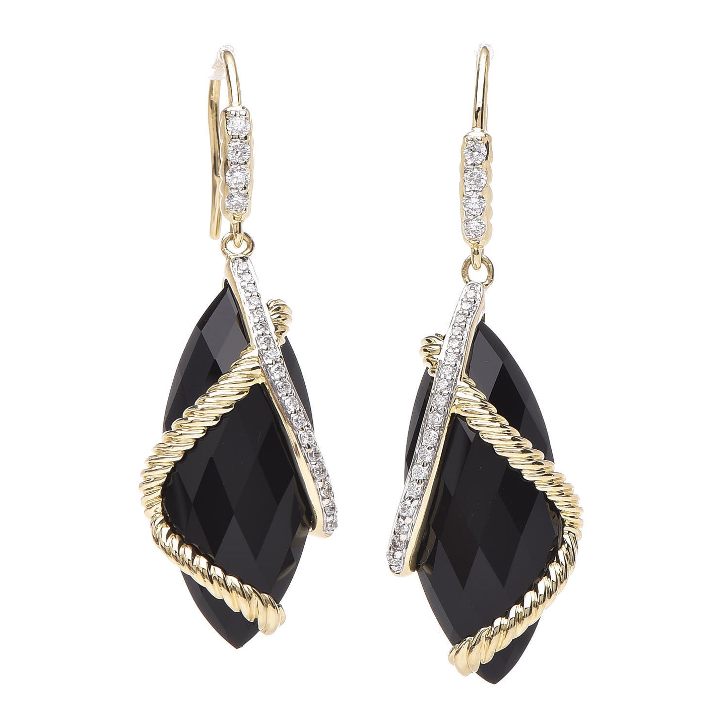 18K Yellow Gold Diamond Black Onyx Cable Wrap Drop Earrings