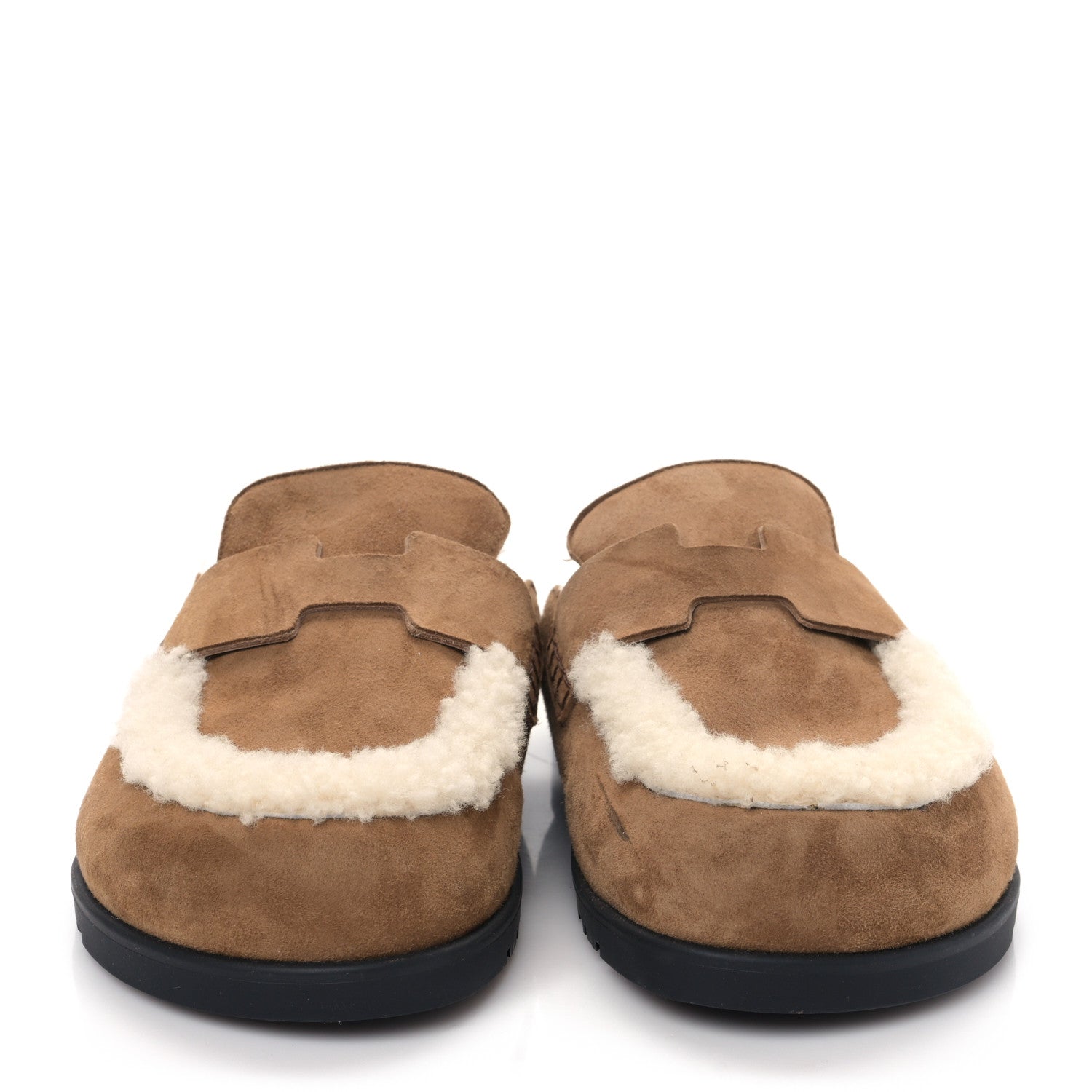 Hermes Suede Goatskin Shearling Go Mules 38 Brun Frume Ecru 2 of 9