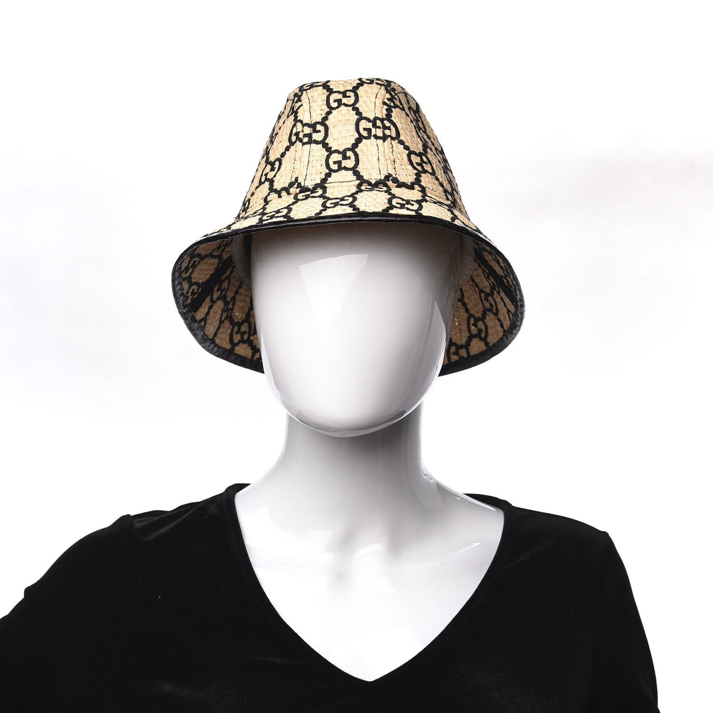 Raffia Elaphe GG Monogram Embroidered Fedora Hat M Ivory Black