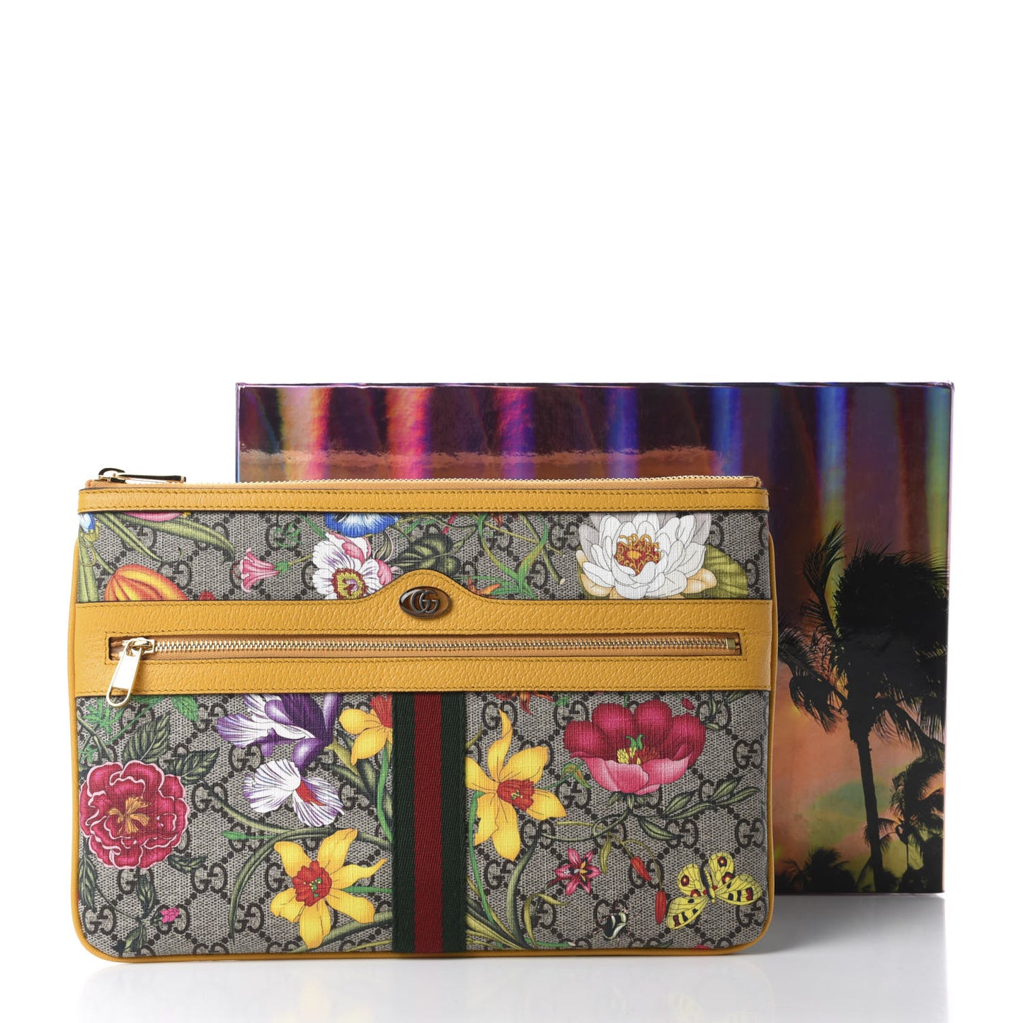 GG Supreme Monogram Flora Large Ophidia Pouch Clutch Beige Multicolor Crop
