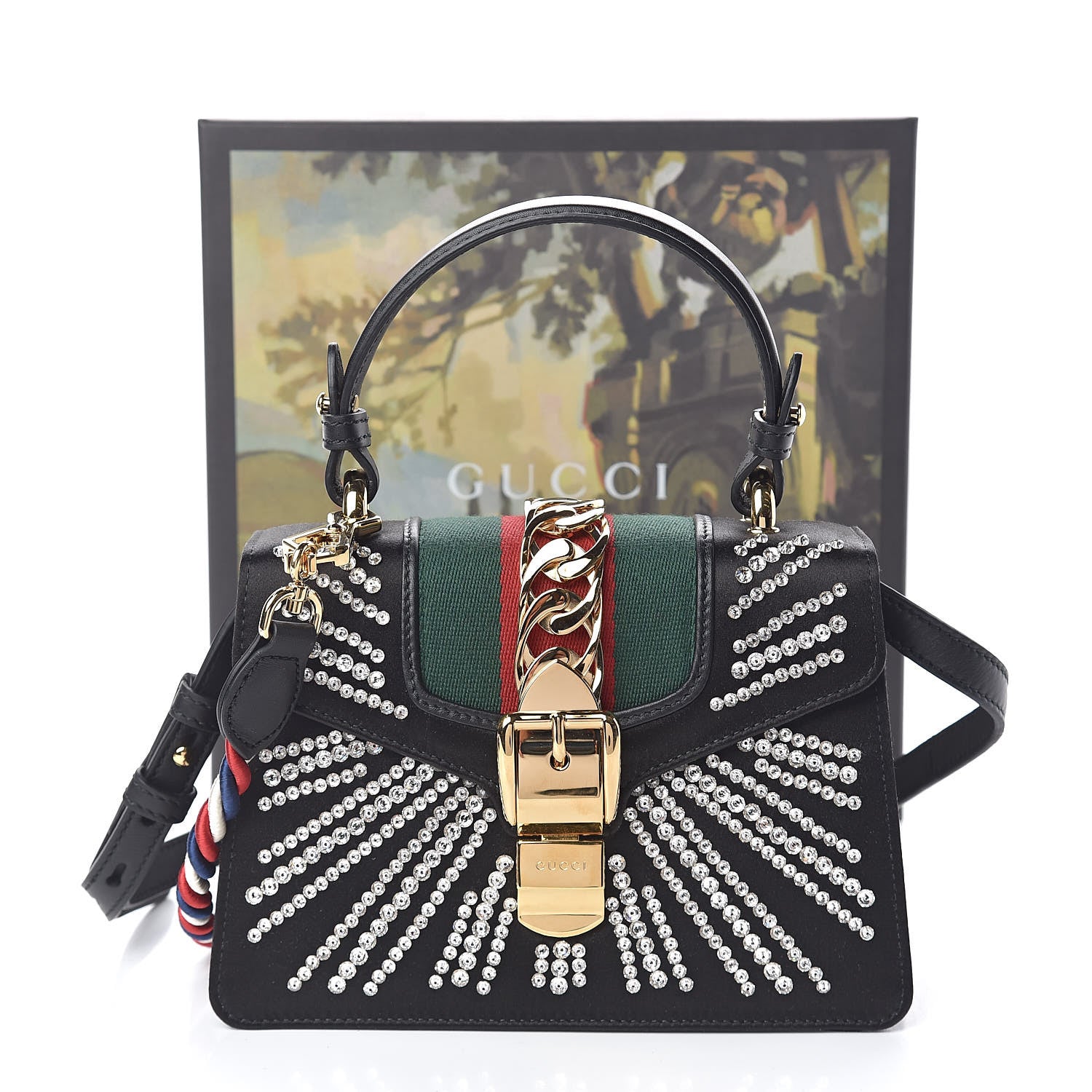 Gucci Satin Crystal Mini Sylvie Top Handle Bag Black 12 of 12