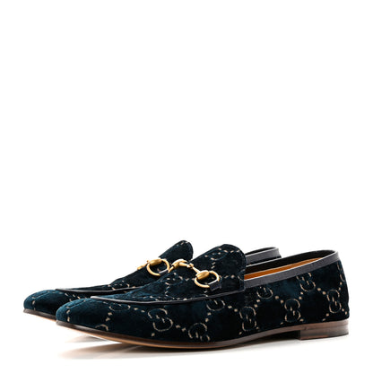 Gucci Velvet GG Monogram Horsebit Mens Jordaan Loafers 11 Blue Beige 3 of 9